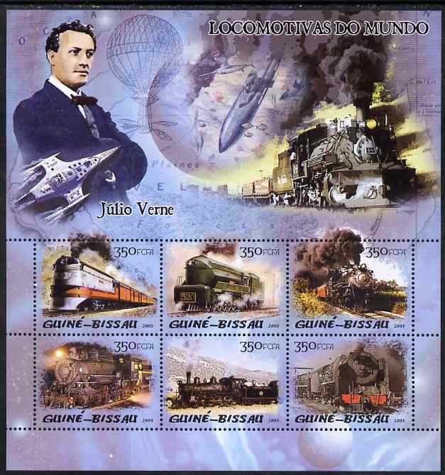 Guinea - Bissau 2005 Steam Trains & Jules Verne perf sheetlet containing 6 values unmounted mint Mi 3016-21, stamps on , stamps on  stamps on railways, stamps on  stamps on personalities, stamps on  stamps on literature, stamps on  stamps on sci-fi 