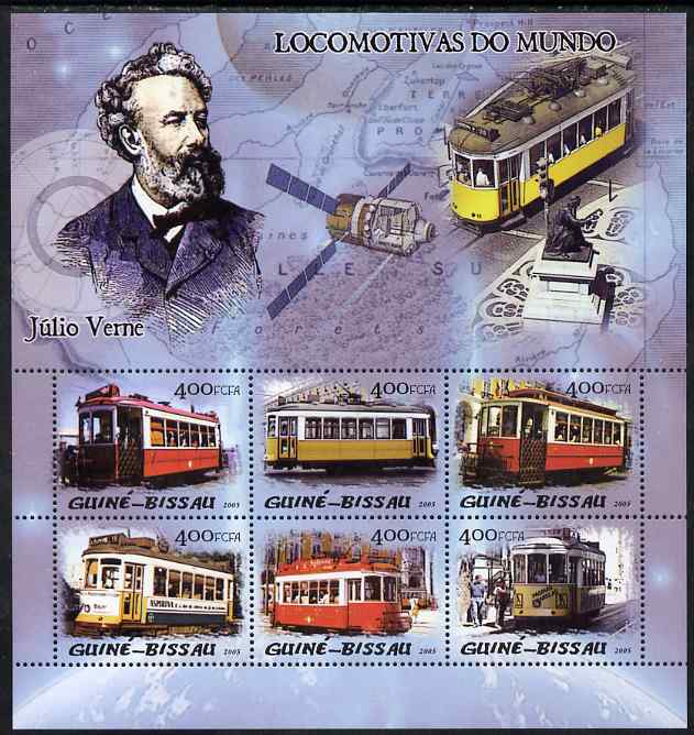 Guinea - Bissau 2005 Trams & Jules Verne perf sheetlet containing 6 values unmounted mint Mi 3022-27, stamps on , stamps on  stamps on transport, stamps on  stamps on trams, stamps on  stamps on personalities, stamps on  stamps on literature, stamps on  stamps on sci-fi