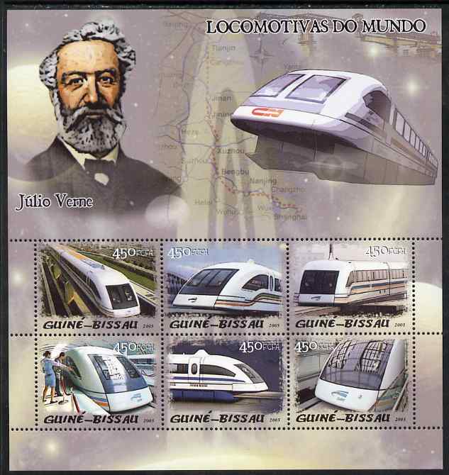 Guinea - Bissau 2005 Maglev Trains & Jules Verne perf sheetlet containing 6 values unmounted mint Mi 3028-33, stamps on , stamps on  stamps on railways, stamps on  stamps on personalities, stamps on  stamps on literature, stamps on  stamps on sci-fi