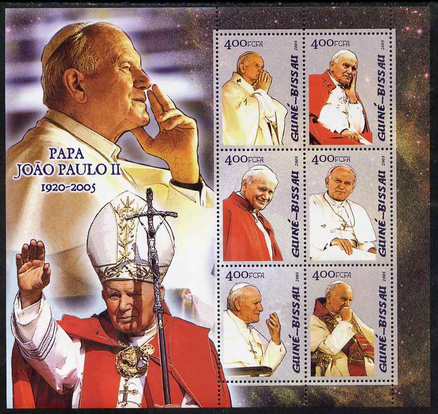 Guinea - Bissau 2005 Pope John paul II perf sheetlet containing 6 values unmounted mint Mi 3065-70, stamps on , stamps on  stamps on personalities, stamps on  stamps on pope, stamps on  stamps on religion, stamps on  stamps on popes