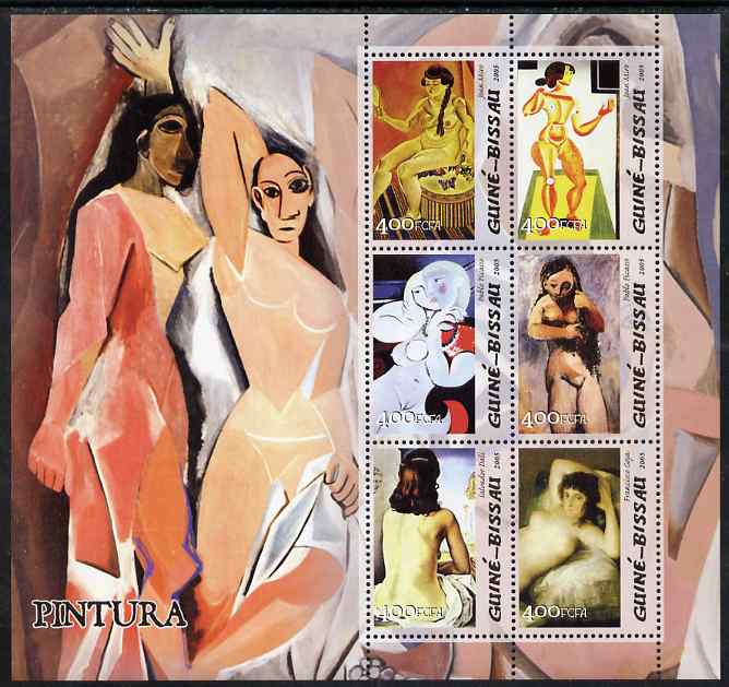 Guinea - Bissau 2005 Paintings by Spanish Artists perf sheetlet containing 6 values unmounted mint Mi 3043-48, stamps on , stamps on  stamps on personalities, stamps on  stamps on arts, stamps on  stamps on nudes, stamps on  stamps on miro, stamps on  stamps on picasso, stamps on  stamps on dali, stamps on  stamps on goya