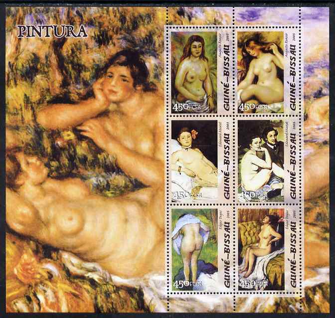 Guinea - Bissau 2005 Paintings by French Impressionists perf sheetlet containing 6 values unmounted mint Mi 3049-54, stamps on , stamps on  stamps on personalities, stamps on  stamps on arts, stamps on  stamps on nudes, stamps on  stamps on degas, stamps on  stamps on manet, stamps on  stamps on renoir, stamps on  stamps on 