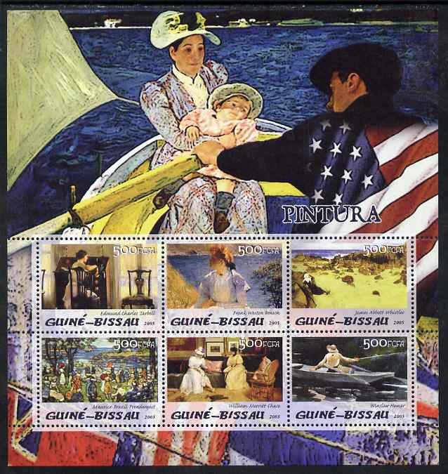 Guinea - Bissau 2005 Paintings by American Impressionists perf sheetlet containing 6 values unmounted mint Mi 3055-60, stamps on , stamps on  stamps on personalities, stamps on  stamps on arts, stamps on  stamps on americana