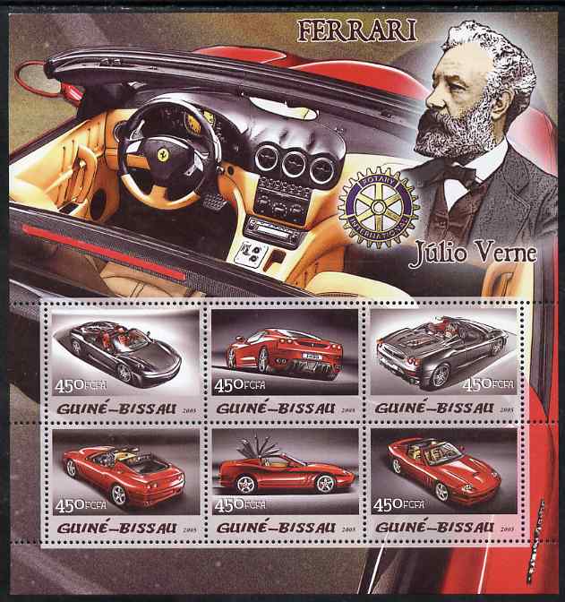 Guinea - Bissau 2005 Ferrari Cars & Jules Verne with Rotary Logo perf sheetlet containing 6 values unmounted mint Mi 3086-91, stamps on cars, stamps on personalities, stamps on literature, stamps on sci-fi, stamps on ferraris, stamps on rotary
