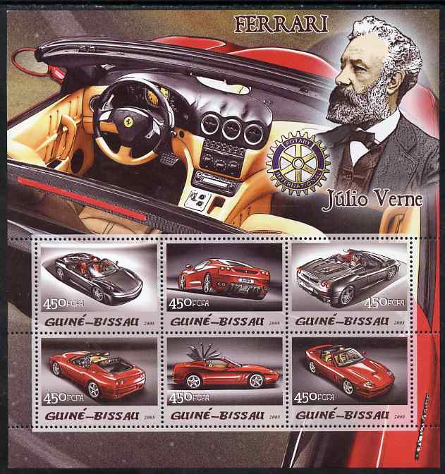 Guinea - Bissau 2005 Ferrari Cars & Jules Verne with Rotary Logo perf sheetlet containing 6 values unmounted mint Mi 3086-91, stamps on , stamps on  stamps on cars, stamps on  stamps on personalities, stamps on  stamps on literature, stamps on  stamps on sci-fi, stamps on  stamps on ferraris, stamps on  stamps on rotary