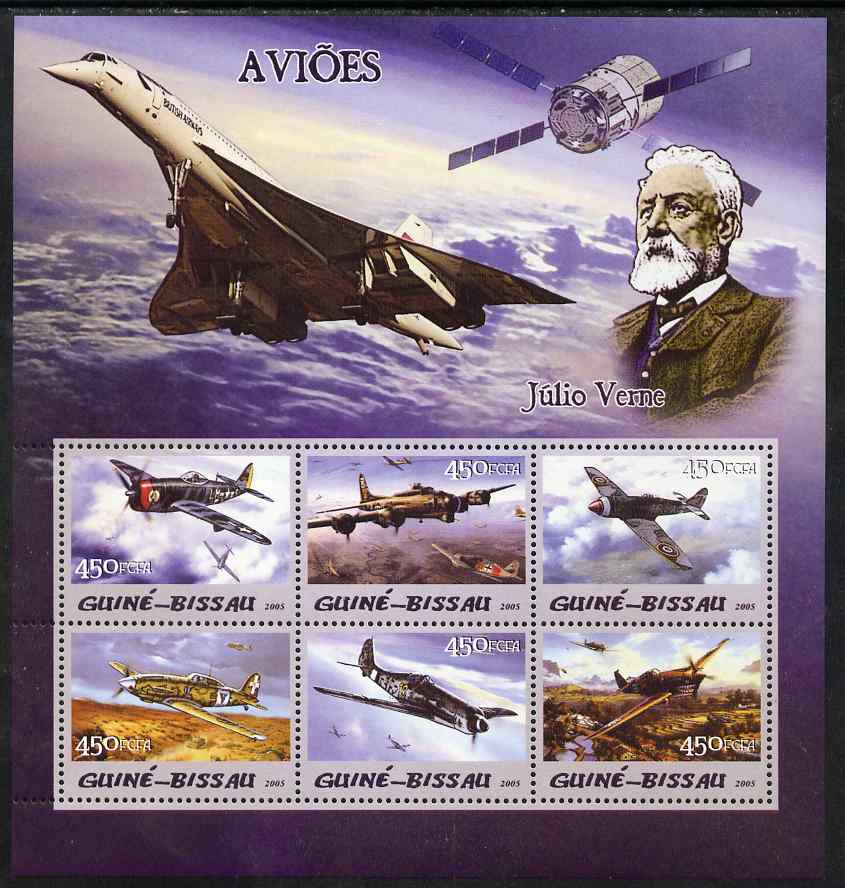 Guinea - Bissau 2005 Aircraft & Jules Verne perf sheetlet containing 6 values unmounted mint Mi 3093-98, stamps on , stamps on  stamps on aviation, stamps on  stamps on personalities, stamps on  stamps on literature, stamps on  stamps on sci-fi, stamps on  stamps on concorde