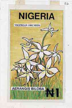 Nigeria 1993 Orchids - original hand-painted artwork for N1 value (Aerangis biloba) by Godrick N Osuji on card 5 x 9 endorsed B2, stamps on flowers   orchids