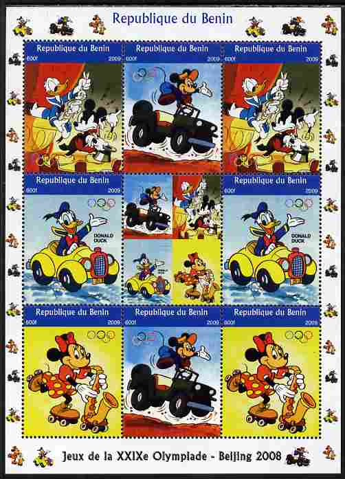 Benin 2009 Beijing Olympics #5 - Disney Characters (Mickey, Minnie & Donald) perf sheetlet containing 8 values plus label unmounted mint. Note this item is privately produced and is offered purely on its thematic appeal, stamps on , stamps on  stamps on olympics, stamps on  stamps on disney, stamps on  stamps on music, stamps on  stamps on cars, stamps on  stamps on magic