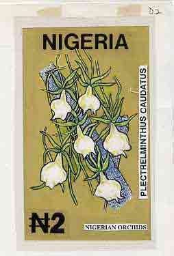 Nigeria 1993 Orchids - original hand-painted artwork for N2 value (Plectrelminthus caudatus) by Godrick N Osuji on card 5 x 9 endorsed D2, stamps on flowers   orchids