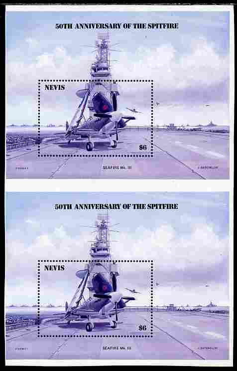 Nevis 1986 Spitfire (Seafire) on Aircraft Carrier $6 m/sheet with yellow omitted vertical pair from uncut press sheet unmounted mint (SG MS 376) only 20 such pairs can exist. , stamps on , stamps on  stamps on aviation, stamps on  stamps on  ww2 , stamps on  stamps on  raf , stamps on  stamps on ships, stamps on  stamps on flat tops, stamps on  stamps on  raf , stamps on  stamps on 