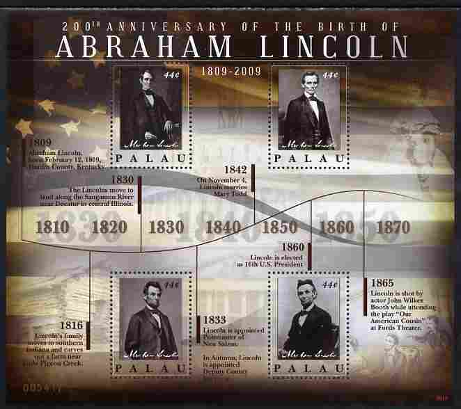 Palau 2010 200th Birth Anniversary of Abraham Lincoln perf sheetlet containing 4 values unmounted mint, stamps on , stamps on  stamps on personalities, stamps on  stamps on lincoln, stamps on  stamps on constitutions, stamps on  stamps on usa presidents, stamps on  stamps on americana, stamps on  stamps on slavery, stamps on  stamps on racism, stamps on  stamps on theatres