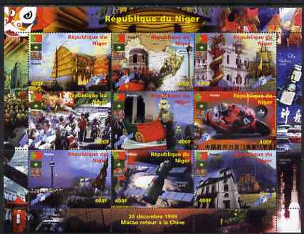 Niger Republic 1999 Macao returns to China - Festivals perf sheetlet containing 9 values, unmounted mint. Note this item is privately produced and is offered purely on its thematic appeal, stamps on motorbikes, stamps on flags, stamps on satellites, stamps on space, stamps on ships, stamps on post boxes