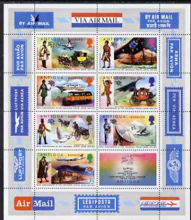 Barbuda 1974 Centenary of UPU perf m/sheet of Antigua overprinted, unmounted mint, SG MS 162, stamps on upu, stamps on hydrofoils, stamps on post bus, stamps on concorde, stamps on mail , stamps on  upu , stamps on coaches, stamps on helicopters, stamps on aviation, stamps on ships, stamps on postman, stamps on flying boats, stamps on railways, stamps on paddle steamers