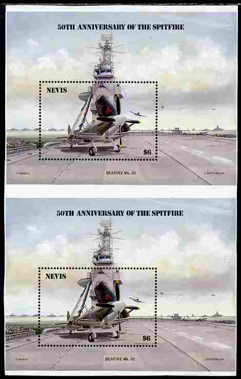 Nevis 1986 Spitfire (Seafire) on Aircraft Carrier $6 m/sheet vertical pair from uncut press sheet unmounted mint (SG MS 376) only 10 such pairs can exist. , stamps on , stamps on  stamps on aviation, stamps on  stamps on  ww2 , stamps on  stamps on  raf , stamps on  stamps on ships, stamps on  stamps on flat tops, stamps on  stamps on  raf , stamps on  stamps on 