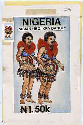 Nigeria 1992 Nigerian Dances - original hand-painted artwork for N1.50 value as issued (Asian Ubo Ikpa Dance) on card 5 x 9 endorsed C3, plus stamp sized machine proof in..., stamps on dancing