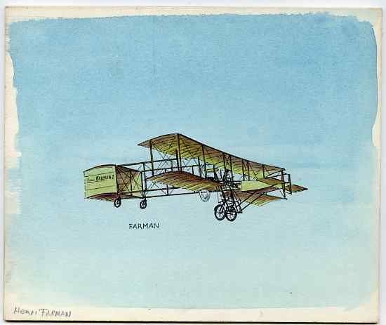 Eynhallow 1982 Early Aircraft #1 (Farman) original artwork by R A Sherrington of of the B L Kearley Studio, watercolour on board 175 x 150 mm plus imperf deluxe sheet (\A..., stamps on aviation, stamps on farman