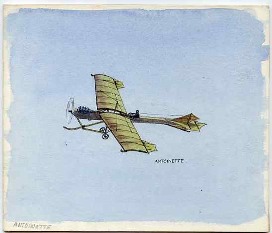 Eynhallow 1982 Early Aircraft #1 (Antoinette) original artwork by R A Sherrington of the B L Kearley Studio, watercolour on board 180 x 150 mm plus issued perf sheetlet i..., stamps on aviation, stamps on 