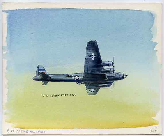 Staffa 1981 WW2 Aircraft #1 (B17 Flying Fortress) original artwork by R A Sherrington of the B L Kearley Studio, watercolour on board 180 x 150 mm plus issued perf sheetlet incorporating this image, stamps on , stamps on  stamps on aviation, stamps on  stamps on  ww2 , stamps on  stamps on americana