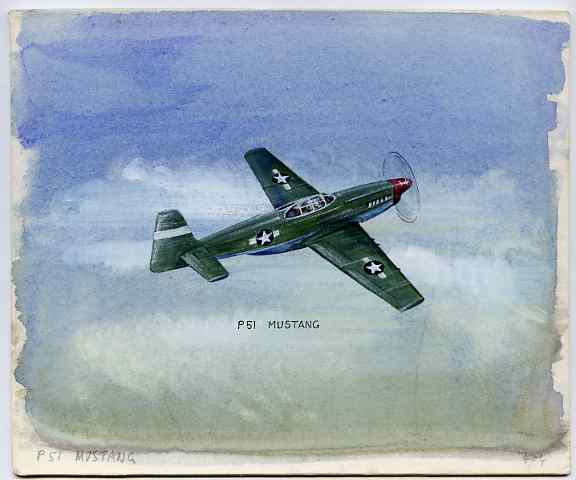 Staffa 1981 WW2 Aircraft #1 (P51 Mustang) original artwork by R A Sherrington of the B L Kearley Studio, watercolour on board 180 x 150 mm plus issued perf sheetlet incorporating this image, stamps on , stamps on  stamps on aviation, stamps on  stamps on  ww2 , stamps on  stamps on americana