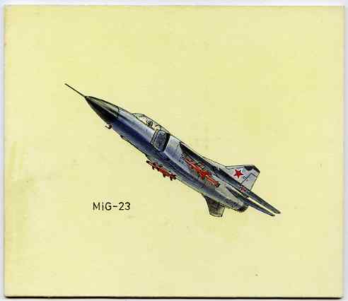 Bernera 1982 Aircraft #14 (MIG-23) original artwork by R A Sherrington of the B L Kearley Studio, watercolour on board 160 x 135 mm plus issued perf sheetlet incorporating this image, stamps on , stamps on  stamps on aviation, stamps on  stamps on  ww2 , stamps on  stamps on 