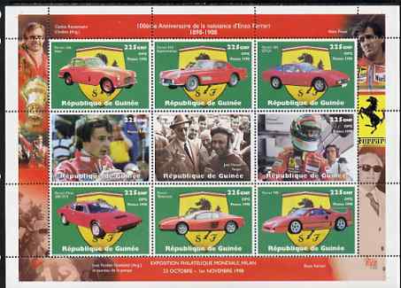 Guinea - Conakry 1998 Ferrari perf sheetlet containing 9 values unmounted mint. Note this item is privately produced and is offered purely on its thematic appeal, stamps on cars, stamps on ferrari, stamps on  f1 , stamps on formula 1, stamps on 