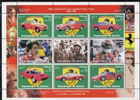 Guinea - Conakry 1998 Ferrari perf sheetlet containing 9 values unmounted mint. Note this item is privately produced and is offered purely on its thematic appeal, stamps on , stamps on  stamps on cars, stamps on  stamps on ferrari, stamps on  stamps on  f1 , stamps on  stamps on formula 1, stamps on  stamps on 