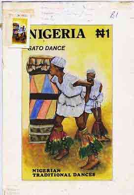 Nigeria 1992 Nigerian Dances - original hand-painted artwork for N1 value as issued (Sato Dance) by NSP&MCo Staff Artist Mrs A O Adeyeye on card 5 x 9 endorsed B1, plus s..., stamps on dancing