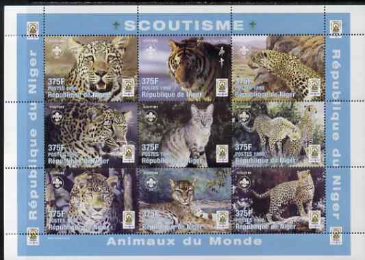 Niger Republic 1998 Animals of the World - Big Cats perf sheetlet containing 9 values (each with Scouts Logo) unmounted mint. Note this item is privately produced and is offered purely on its thematic appeal, stamps on , stamps on  stamps on animals, stamps on  stamps on cats, stamps on  stamps on scouts