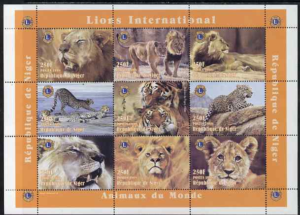 Niger Republic 1998 Animals of the World - Big Cats perf sheetlet containing 9 values (each with Lions Int Logo) unmounted mint. Note this item is privately produced and is offered purely on its thematic appeal, stamps on animals, stamps on cats, stamps on lions int