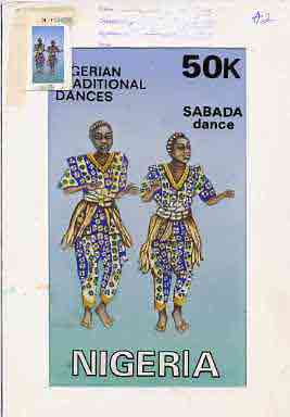 Nigeria 1992 Nigerian Dances - original hand-painted artwork for 50k value as issued (Sabada Dance) by NSP&MCo Staff Artist Samuel A M Eluare on board 5 x 9 endorsed A2, plus stamp sized machine proof in colour but without inscriptions or value, stamps on , stamps on  stamps on dancing
