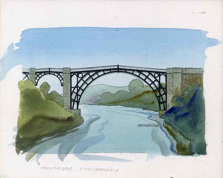 Staffa 1982 Bridges (Iron Bridge) original artwork by R A Sherrington of the B L Kearley Studio, watercolour on board 150 x 100 mm plus issued perf sheetlet incorporating..., stamps on bridges, stamps on civil engineering