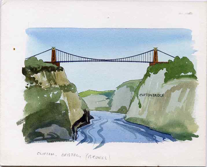 Staffa 1982 Bridges (Clifton Bridge) original artwork by R A Sherrington of the B L Kearley Studio, watercolour on board 150 x 100 mm plus issued perf sheetlet incorporating this image, stamps on , stamps on  stamps on bridges, stamps on  stamps on civil engineering