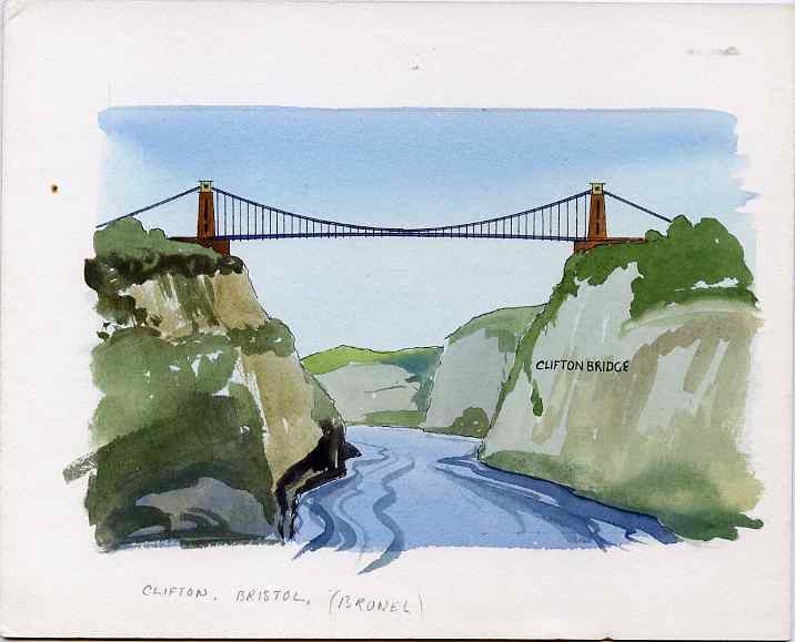 Staffa 1982 Bridges (Clifton Bridge) original artwork by R A Sherrington of the B L Kearley Studio, watercolour on board 150 x 100 mm plus issued perf sheetlet incorporat..., stamps on bridges, stamps on civil engineering