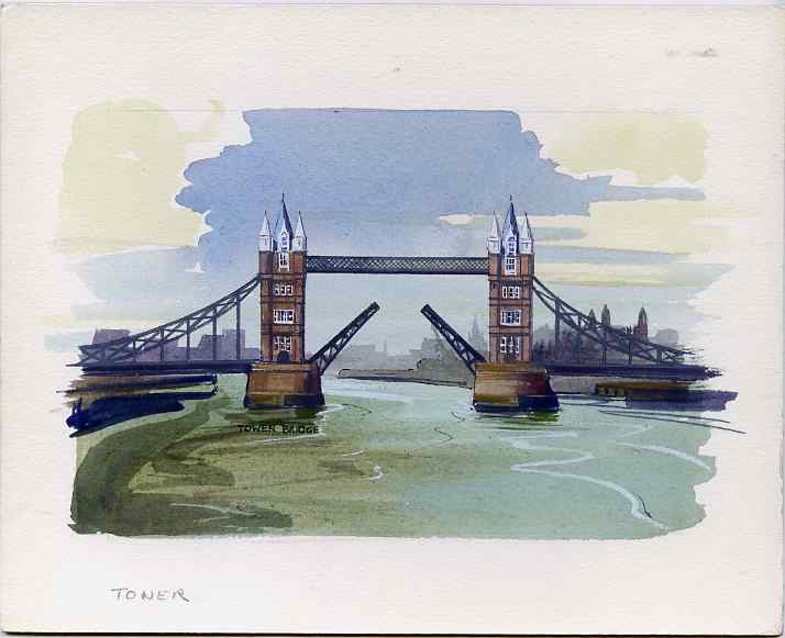 Staffa 1982 Bridges (Tower Bridge) original artwork by R A Sherrington of the B L Kearley Studio, watercolour on board 150 x 100 mm plus issued imperf s/sheet incorporati..., stamps on bridges, stamps on civil engineering, stamps on london