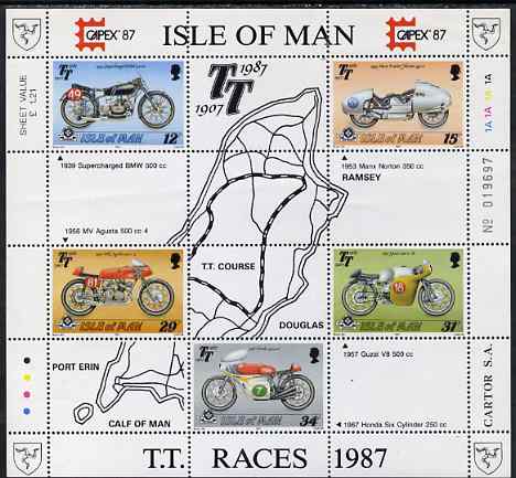 Isle of Man 1987 80th Anniversary of TT Motorcycle Racing m/sheet (with Capex 87 imprint) unmounted mint, SG MS 353