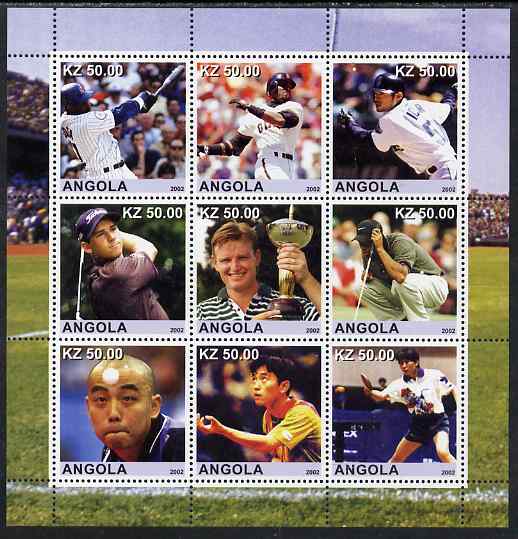 Angola 2002 Sports (Baseball, Golf & Table Tennis) perf sheetlet containing 9 values unmounted mint. Note this item is privately produced and is offered purely on its thematic appeal, stamps on , stamps on  stamps on sport, stamps on  stamps on golf, stamps on  stamps on baseball, stamps on  stamps on table tennis