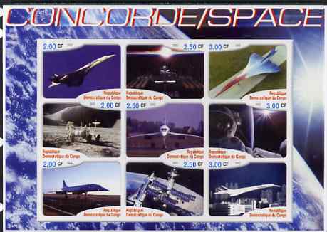 Congo 2002 Concorde & Space imperf sheetlet #01 containing set of 9 values unmounted mint. Note this item is privately produced and is offered purely on its thematic appeal, stamps on , stamps on  stamps on space, stamps on  stamps on concorde, stamps on  stamps on aviation