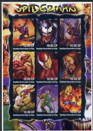 Congo 2002 Spiderman #2 imperf sheetlet containing set of 9 values unmounted mint. Note this item is privately produced and is offered purely on its thematic appeal, stamps on entertainments, stamps on films, stamps on cinema, stamps on comics, stamps on fantasy, stamps on sci-fi