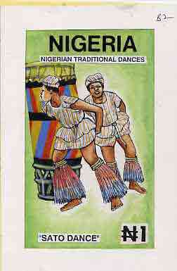 Nigeria 1992 Nigerian Dances - original hand-painted artwork for N1 value similar to issued (Sato Dance) by Godrick N Osuji on card 5 x 9 endorsed B2, stamps on dancing