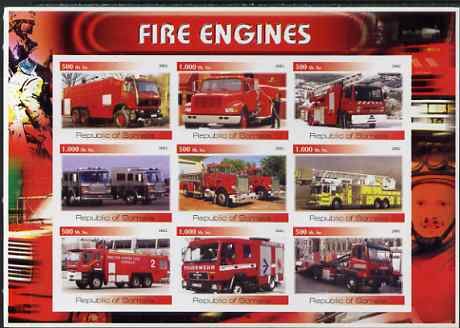 Somalia 2002 Fire Engines #1 imperf sheetlet containing set of 9 values unmounted mint. Note this item is privately produced and is offered purely on its thematic appeal, stamps on fire