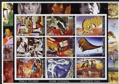 Somalia 2002 Modern Art imperf sheetlet containing set of 9 values unmounted mint. Note this item is privately produced and is offered purely on its thematic appeal (Picasso, Chagall & Dali), stamps on arts, stamps on picasso, stamps on chagall, stamps on dali