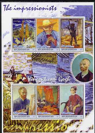 Afghanistan 2001 The Impressionists - Vincent Van Gogh perf sheetlet containing set of 6 values unmounted mint. Note this item is privately produced and is offered purely on its thematic appeal, it has no postal validity, stamps on , stamps on  stamps on arts, stamps on  stamps on van gogh