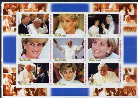 Benin 2003 Princess Diana & The Pope large imperf sheetlet containing set of 9 values unmounted mint. Note this item is privately produced and is offered purely on its thematic appeal, stamps on , stamps on  stamps on diana, stamps on  stamps on royalty, stamps on  stamps on pope, stamps on  stamps on personalities