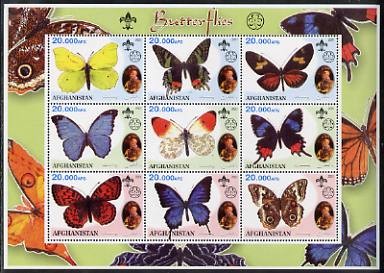 Afghanistan 2001 Butterflies perf sheetlet containing 9 values (also showing Baden Powell and Scout & Guide Logos) unmounted mint. Note this item is privately produced and is offered purely on its thematic appeal, it has no postal validity, stamps on , stamps on  stamps on butterflies, stamps on  stamps on scouts, stamps on  stamps on guides