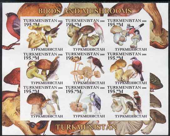 Turkmenistan 2000 Birds & Mushrooms imperf sheetlet containing 9 values unmounted mint. Note this item is privately produced and is offered purely on its thematic appeal, stamps on , stamps on  stamps on birds, stamps on  stamps on fungi