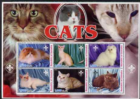 Somalia 2003 Domestic Cats perf sheetlet containing 6 values each with Scout Logo unmounted mint. Note this item is privately produced and is offered purely on its thematic appeal, stamps on cats, stamps on scouts