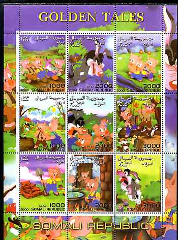 Somalia 2000 Golden Tales #3 - The Three Little Pigs perf sheetlet containing set of 9 values unmounted mint. Note this item is privately produced and is offered purely on its thematic appeal, stamps on , stamps on  stamps on children, stamps on  stamps on myths, stamps on  stamps on mythology, stamps on  stamps on legends, stamps on  stamps on fairy tales, stamps on  stamps on literature, stamps on  stamps on swine