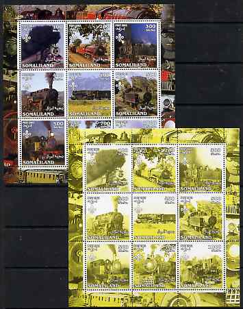 Somaliland 2002 Steam Trains #1 perf sheetlet containing set of 9 values each with Scout Logo printed in black & yellow colours only (blue & magenta omitted) complete with normal, unmounted mint, stamps on , stamps on  stamps on railways