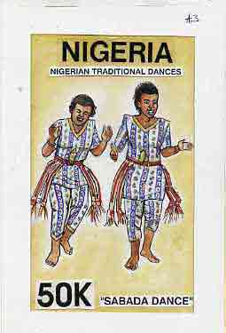 Nigeria 1992 Nigerian Dances - original hand-painted artwork for 50k value (Sabada Dance) by Godrick N Osuji on card 5 x 9 endorsed A3, stamps on dancing