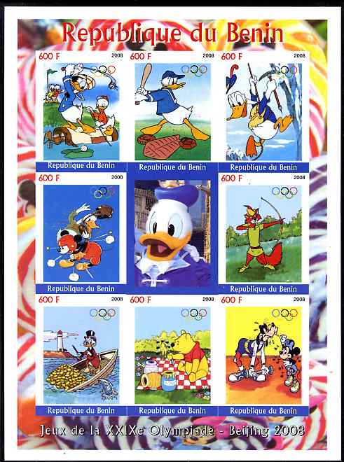 Benin 2008 Beijing Olympics - Disney Characters & Sports #2 imperf sheetlet containing 8 values plus label unmounted mint 